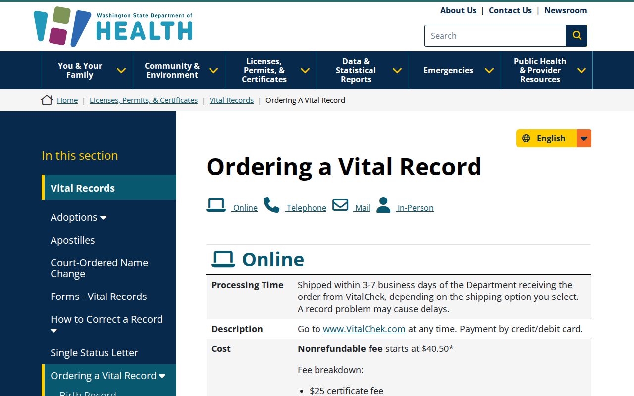 Graham public records vital certificate ordering through Washington DOH